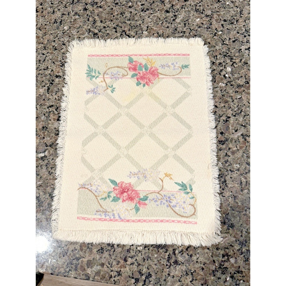 Vintage Woven Tapestry Placemats Set of 2 Floral Trellis Neutral white Fringed